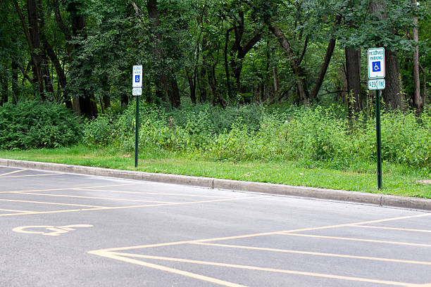 Empty accessible parking spaces with blue reserved signs for disabled drivers near green forest park. Concept of accessibility, transportation, and public safety.