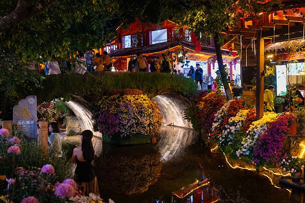 Lijiang, China - October 13th, 2025: View of Lijiang old town with beautiful flowers by night.