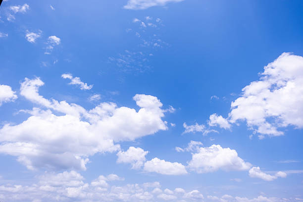 istock Panoramic view of clear blue sky and clouds, Blue sky background with tiny clouds. White fluffy clouds in the blue sky. Captivating stock photo featuring the mesmerizing beauty of the sky and clouds. 2246098676
