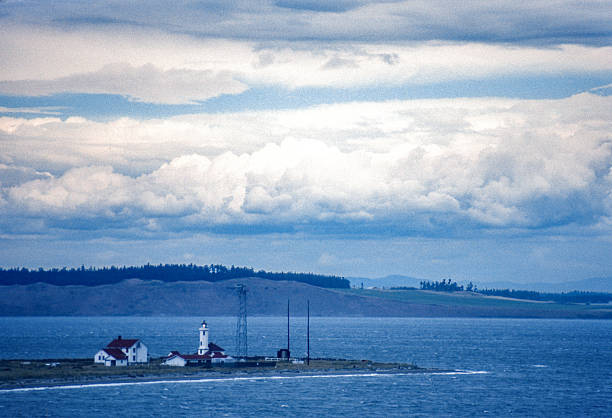 Puget Sound - Port Townsend Lighthouse - Distant view of the light and its point - 1989. Scanned from Kodachrome 64 slide.