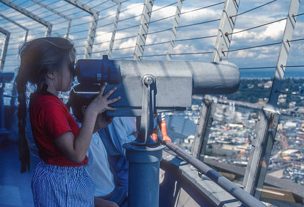 Seattle - Girl uses a telescope to scan the Seattle skyline - 1989. Scanned from Kodachrome 64 slide.
