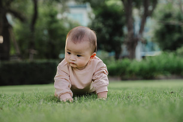 Curious baby crawling on grass outdoors, reflecting moment of discovery, outdoor play, and nature-based learning with mindful parenting