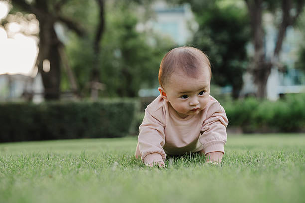 Curious baby crawling on grass outdoors, reflecting moment of discovery, outdoor play, and nature-based learning with mindful parenting