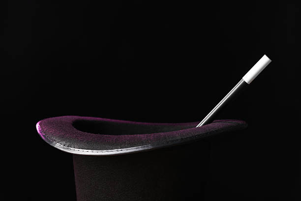 istock Magician's hat and wand on black background, closeup 2246120419