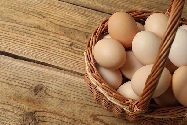 istock Chicken eggs in a basket placed on a wooden background 2246122417