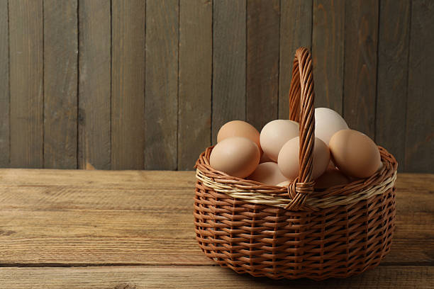 istock Chicken eggs in a basket placed on a wooden background 2246122427