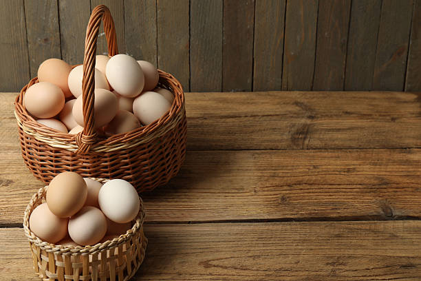 istock Chicken eggs in a basket placed on a wooden background 2246122438