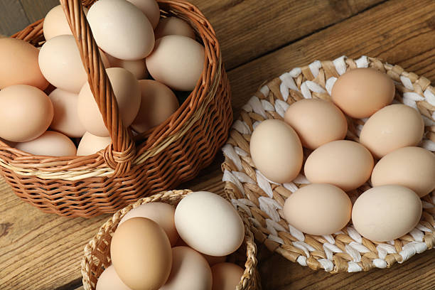istock Chicken eggs in a basket placed on a wooden background 2246122455