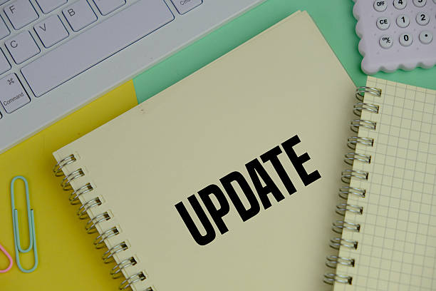 istock UPDATE text with notepad, keyboard, notebook on green and yellow background. Business and copy space concept 2246127414