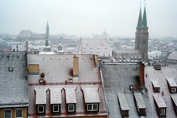 Snow-covered rooftops overlooking historic Nuremberg, Germany, during winter.