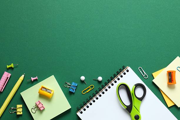 istock Back to school. Various school stationery on green background, top view, space for text 2246134805