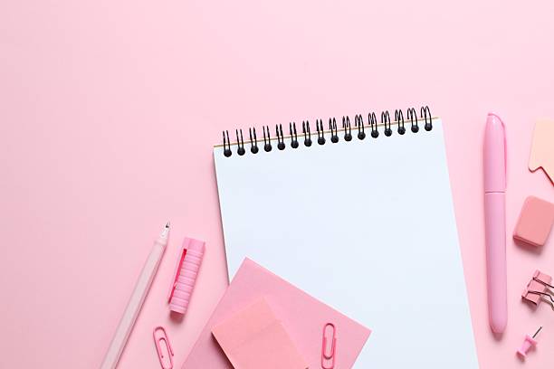 istock Pink school stationery on paper background, top view, space for text 2246134847