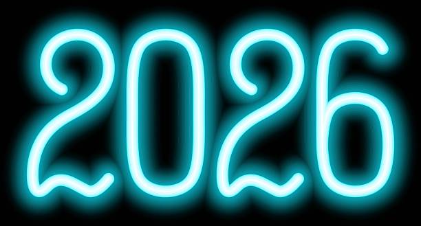 istock 2026. Neon. Turquoise shining number. New Year. Color vector illustration. Black background 2246135489