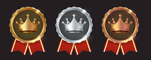 istock Gold, Silver, Bronze Crown Medals with Red Ribbons - 1st, 2nd, 3rd Place Winner Badges | First Place Ranking Award Vector Set 2246135901