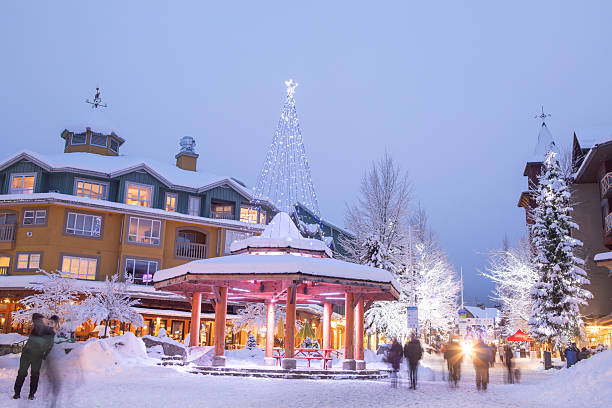 istock Pedestrian walkway in ski resort in snowstorm 2246140489