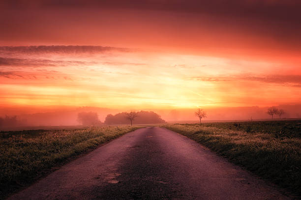 A beautiful misty orange sunrise over a rural country lane leading to a woodland in the Dordogne region of France