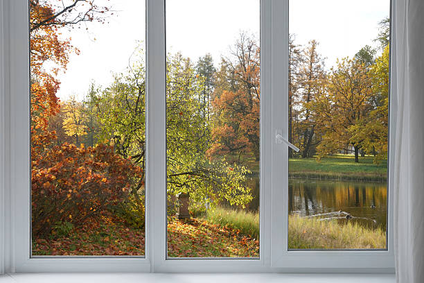 istock View from the window  on yellow treesin a garden, landscape with autumn forest, window frame. 2246143571