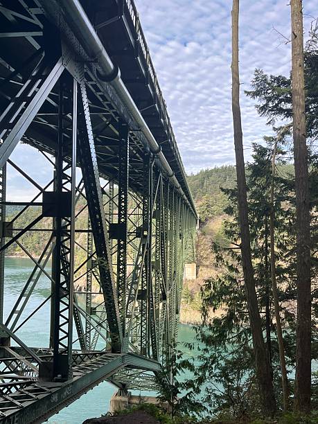 istock Historic Deception Pass Bridge stretches over serene waters surrounded by lush green trees and rolling hills during a clear day in nature 2246145406