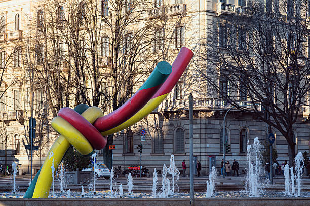 Cadorna square, Milan, Italy- 12 27 2024: one part of the Needle, Thread and Knot public artwork (Claes Oldenburg and Coosje van Bruggen 2000)