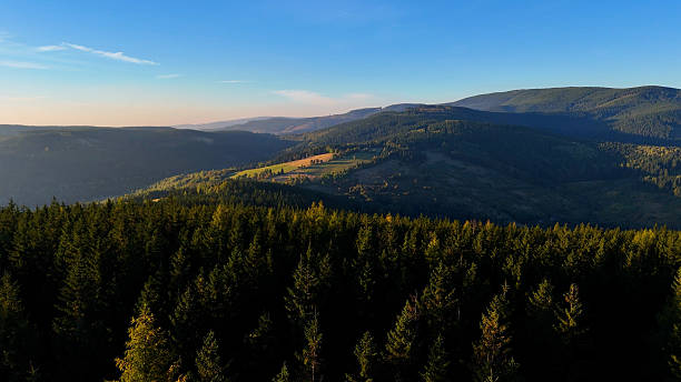istock Drone flight over sunrise, mountains, forest, USA, America 2246147077