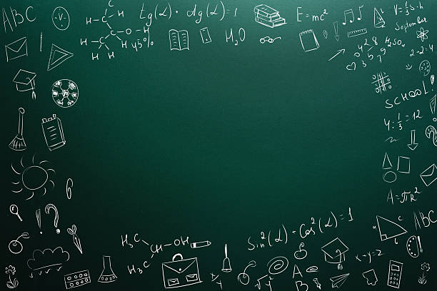 istock Creative blackboard filled with school subjects and educational doodles around a blank center space 2246148713