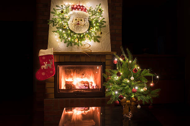 Cozy living room with fireplace at Christmas holidays