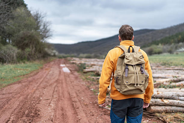 Man with backpack walking along a muddy rural trail past cut logs and rolling hills, back view conveying solitude, exploration and peaceful outdoor adventure in overcast weather