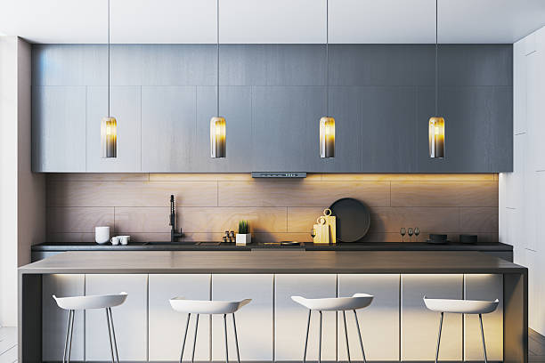 istock Modern minimalist kitchen interior with pendant lighting, wooden backsplash, sleek cabinets, and bar stools in contemporary room setting. 3D Rendering 2246150146