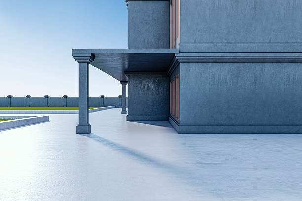 istock Modern empty building exterior with minimalist blue facade in bright light under clear sky outdoors concept design background. 3D Rendering 2246150287