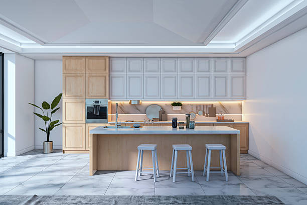 istock Modern minimalist kitchen interior with wooden cabinets, island and marble flooring in bright natural light setting. 3D Rendering 2246150310