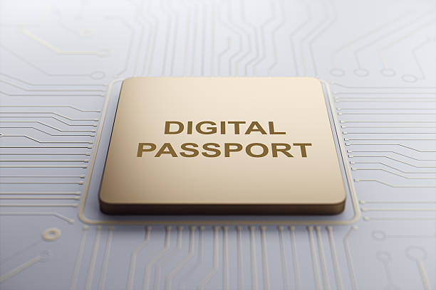 Golden digital passport chip on abstract circuit board background, light tone, representing technology, security, and business identity. 3D Rendering