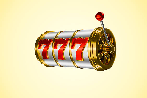 The slot machine's reels have stopped on the winning combination of three sevens.