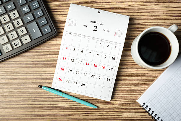 istock Workspace with calendar, calculator, notepad, and coffee cup during February planning session 2246152488