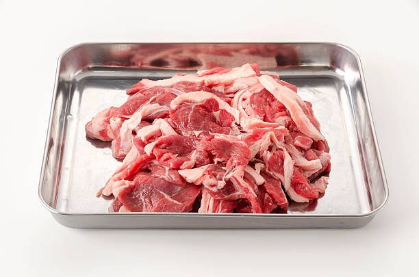 Fresh Raw Lamb Slices on Stainless Tray with White Background