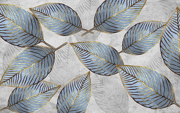 istock 3d classic wallpaper. Golden branches tree golden and Blue leaves in drawing mural background for bedroom decor. 2246167721