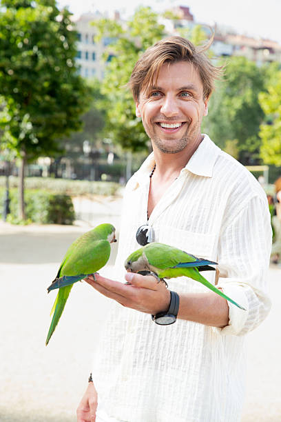 istock Smiling man with two green parrots. Man and nature 2246168528