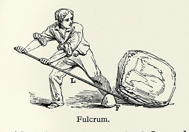 History, Fulcrum, man using a lever to move a blouder, Vintage illustration, 19th Century, Victorian