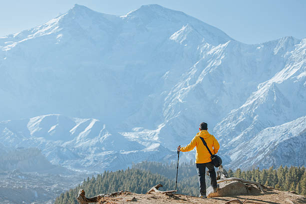 Rear view of asian  hiker in a yellow jacket standing with trekking poles and admiring the snowy mountain range under clear blue sky. Concept of adventure, freedom, and connection with nature. Location: Fairy Meadows, Pakistan Himalayas.
