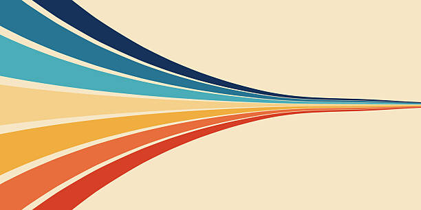 Retro 70s abstract poster with curved rainbow stripes and dynamic perspective Vintage wave pattern in teal, orange, yellow and brown. Vector illustration for wall art, print, decor