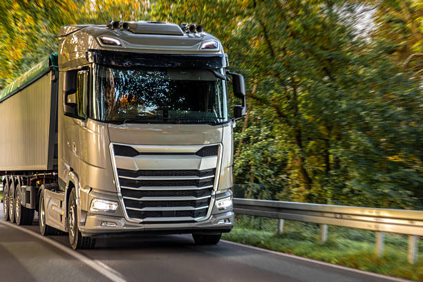 istock Modern truck on winding forest highway in motion. Freight on the move. 2246177564