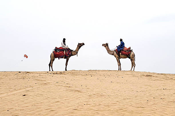 Jaisalmer, Rajasthan, India - 22 July, 2024: Two riders sit atop decorative camels on a quiet desert dune, with colorful saddles and traditional attire highlighting cultural heritage. The wide, pale sky and distant horizon create a sense of vastness and tranquility, emphasizing calm, peaceful travel and adventure in a remote desert landscape. This scene is ideal for travel photography, tourism, and capturing the beauty of desert life and culture.