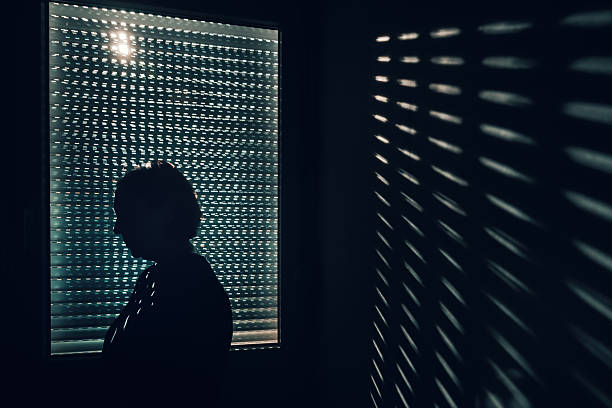 istock Silhouette of a woman standing at a dark window, dramatic blinds light creating shadow pattern on wall, expressing loneliness, stress or deep thought in moody interior. 2246182991