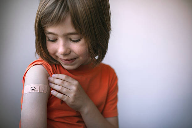 istock Smiling child with bandage after injection 2246184895