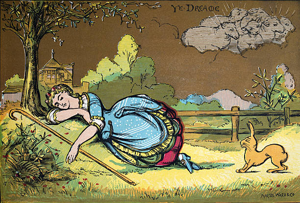 Traditional Nursery rhyme, Little Bo-Peep fell fast asleep, Vintage illustration, 1870s, Marcus Ward 19th Century Victorian