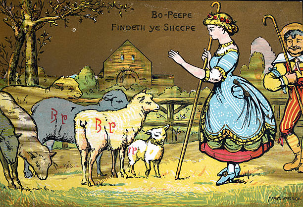 Traditional Nursery rhyme, Little Bo-Peep found her sheep, Vintage illustration, 1870s, Marcus Ward 19th Century Victorian