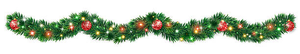 istock Christmas tree garland with red glitter baubles and glowing colorful lights. Festive decorative divider for winter holiday design and celebration banners. Transparent background in vector file. 2246191679
