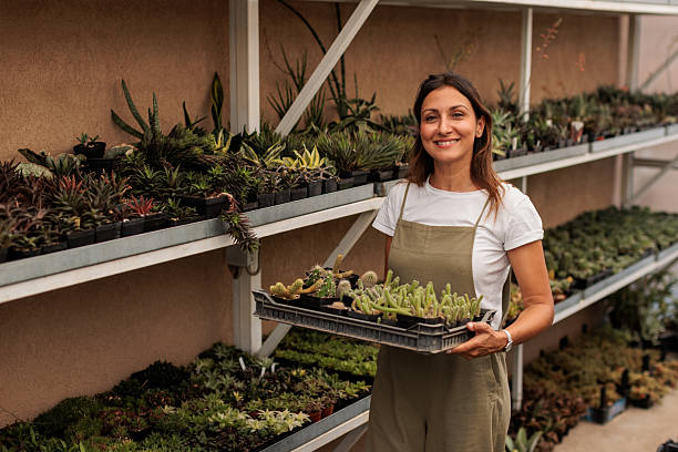 A smiling female botanist stands confidently with folded arms in front of shelves filled with succulents and cacti, holding a crate of small cactus plants. The image conveys expertise, care, and dedication to sustainable greenhouse cultivation and botanical work.