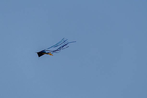 Berlin, Germany – September 27, 2025: A close-up of a brightly colored kite with multiple ribbons flying in a clear blue sky during the Giant Kite Festival in Berlin.