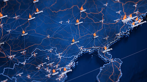 istock Nanning map big data visualization. Futuristic map infographic of city in China. Visual map data complexity in modern blue and orange colors 2246194317