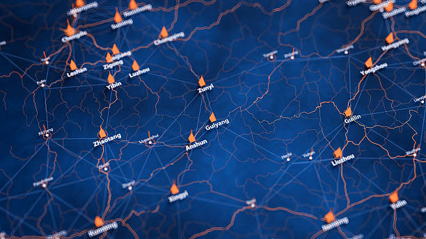 istock Guiyang map big data visualization. Futuristic map infographic of city in China. Visual map data complexity in modern blue and orange colors 2246194361